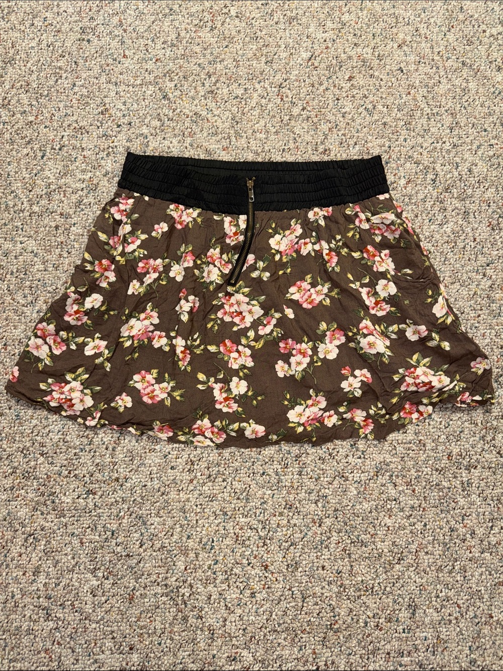 Papaya Brown Floral Skater Skirt with Black Waistband